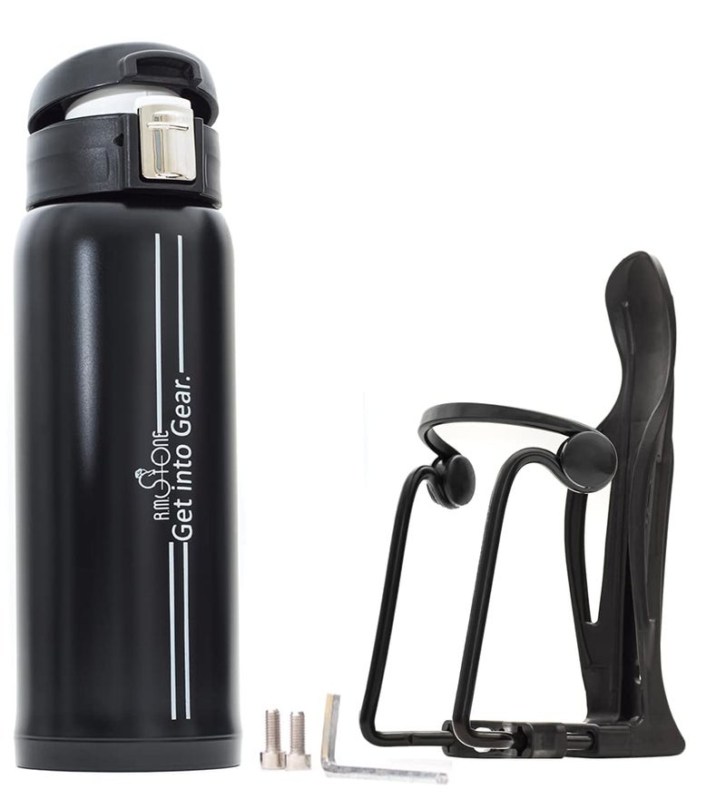 R.M.Stone Bike Bottle Holder Pro Set with Thermos Bike Bottle OR Exrta Set with Additional Cage Mount - No Screws! Perfect Cage â€“ Adjustable & Anticorrosive with 16 oz Thermos ! (2-Parts Set, Pro) - Image 1